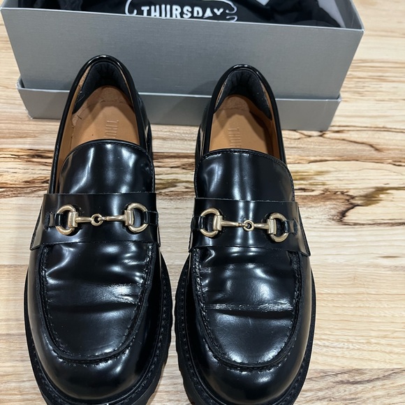 Thursday Boot Company Shoes - Thursday Boot Company Black Leather Penny Loafers with Gold Accents